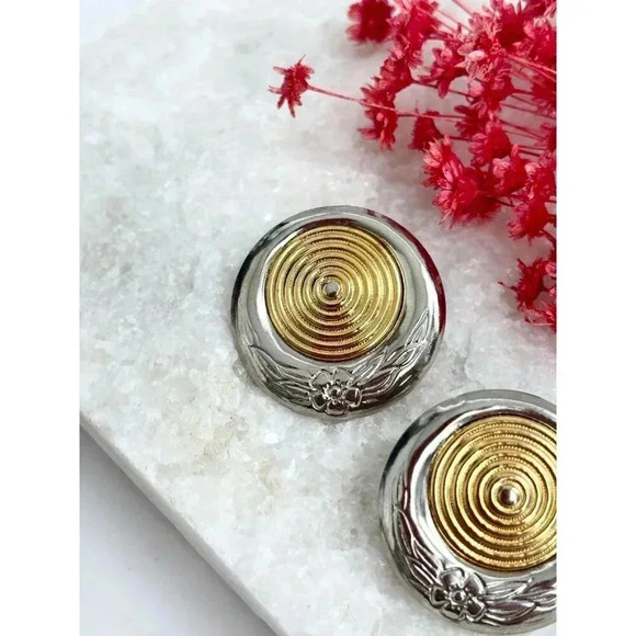Vintage Dual Gold & Silver Toned 80's Circular / Round Bullseye Stud Earrings - Picture 4 of 6